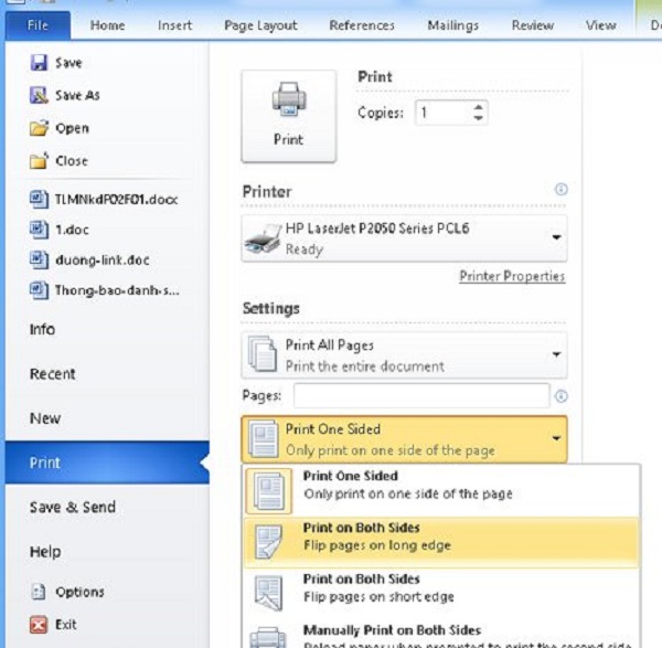 Chọn chế độ in 2 mặt giấy trong Word